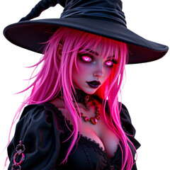 Gothic Witch with Glowing Pink Eyes and Velvet Attire