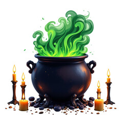Mystical Cauldron with Green Vapor and Candlelight Scene