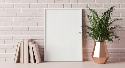 Empty White Frame with Books and Plant.