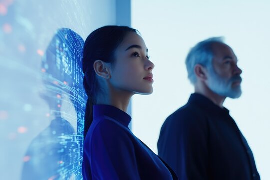 A young woman and an older man contemplate a futuristic digital interface, showcasing innovation and technological advancement.