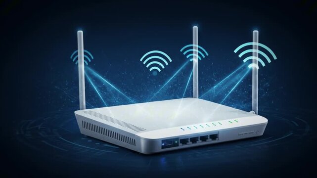A white router with 3 antennas emits blue WiFi signals against a dark blue background with digital patterns