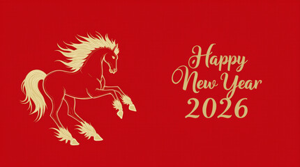 Celebration of the New Year 2026 featuring a majestic horse and festive greetings