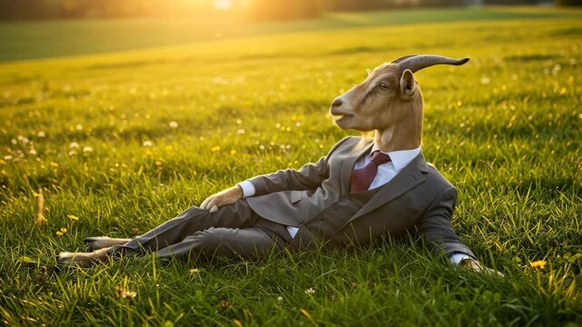 A goat in a suit lounging in a sunny meadow, blending humor and elegance.