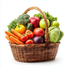 Vibrant Basket of Fresh Fruits and Vegetables , white background cut out PNG