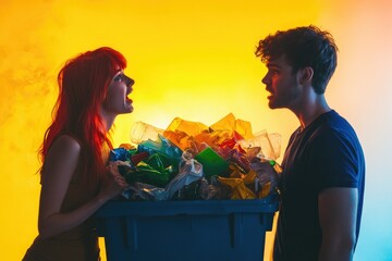 A young couple argues amidst overflowing trash, highlighting plastic waste and environmental concerns.
