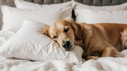 Golden retriever resting on a fluffy pillow in a cozy bedroom with white bedding during the day