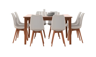  3d rendering of an elegant dining table with six chairs, showcasing the design and texture of solid wood legs and soft fabric seating in neutral tones, set against a white background for easy decorat