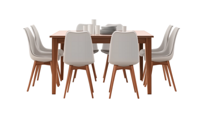  3d rendering of an elegant dining table with six chairs, showcasing the design and texture of solid wood legs and soft fabric seating in neutral tones, set against a white background for easy decorat