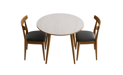  3d rendering of an elegant dining table with six chairs, showcasing the design and texture of solid wood legs and soft fabric seating in neutral tones, set against a white background for easy decorat