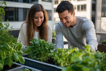 A happy couple tending their vibrant rooftop garden, filled with lush herbs and greens.