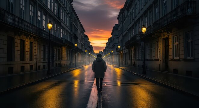 Solitary Figure Walks Down Wet City Street at Sunset, Illuminated by Golden Streetlights