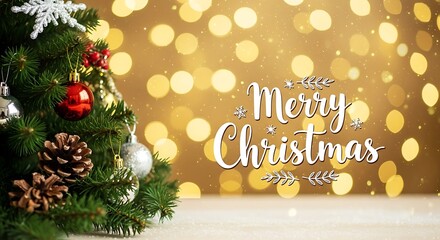 Closeup of a decorated christmas tree with pine cones and ornaments against a blurred background of golden bokeh lights and the text merry christmas