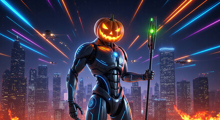 Futuristic cyborg with a glowing jack-o'-lantern head stands in a neon-lit city at night, holding a staff with a green orb, amidst flying vehicles and fiery skies.