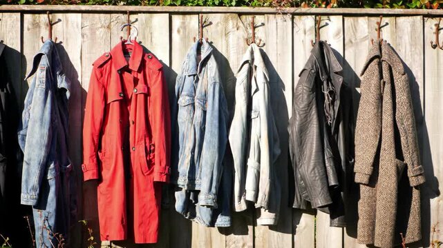 Various outerwear hanging on rustic wooden fence with metal hooks