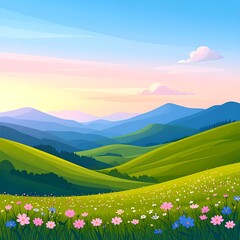 Fototapeta premium Serene landscape; rolling hills, wildflowers