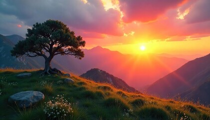 Naklejka premium Serene landscape at sunrise, symbolizing inner peace and the journey of spiritual awakening Perfect for meditation, mindfulness, and self-discovery themes , mindfulness, universe