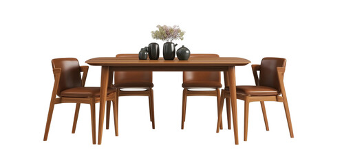  3d rendering of an elegant dining table with six chairs, showcasing the design and texture of solid wood legs and soft fabric seating in neutral tones, set against a white background for easy decorat