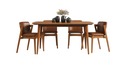  3d rendering of an elegant dining table with six chairs, showcasing the design and texture of solid wood legs and soft fabric seating in neutral tones, set against a white background for easy decorat