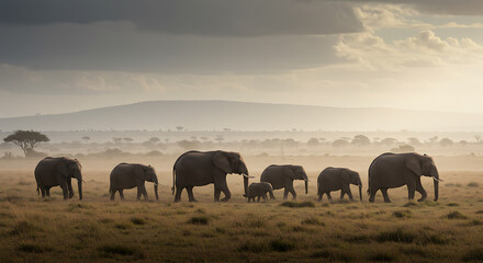 Fototapeta premium A Family Of African Elephants Walking In The Golden Light Of The Serengeti