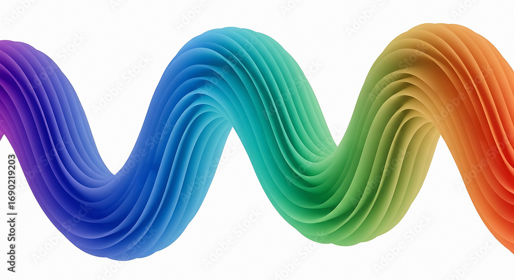 Poster a wavy rainbow colored object made of layered material on a white background in a studio setting