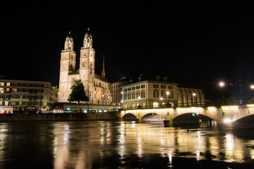 Twin Tower Church (Grossmünster), cathedral in Zürich, Switzerland. Night pic
