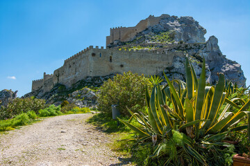 The castle of Mussomeli is a fortress built between the fourteenth and fifteenth centuries, in spring. Caltanissetta, Sicily, Italy.