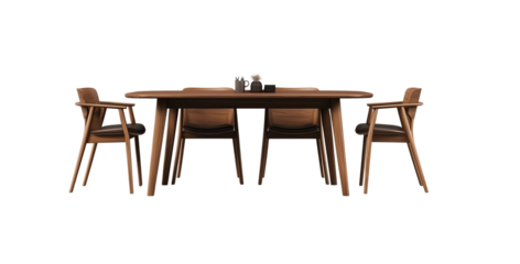  3d rendering of an elegant dining table with six chairs, showcasing the design and texture of solid wood legs and soft fabric seating in neutral tones, set against a white background for easy decorat