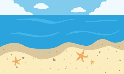 Starfish on sandy beach shoreline with blue sky and cloud background
