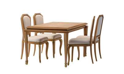  3d rendering of an elegant dining table with six chairs, showcasing the design and texture of solid wood legs and soft fabric seating in neutral tones, set against a white background for easy decorat