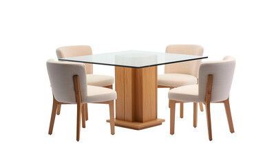  3d rendering of an elegant dining table with six chairs, showcasing the design and texture of solid wood legs and soft fabric seating in neutral tones, set against a white background for easy decorat