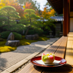 和菓子と紅葉の日本庭園