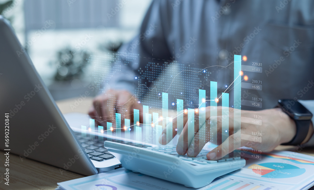 Poster digital marketing and business development concept with businessman reviewing sales data graph plann