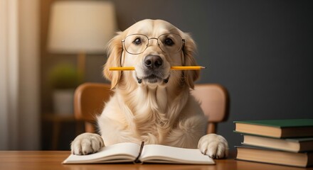 Golden Retriever dog wearing glasses and holding a pencil in its mouth