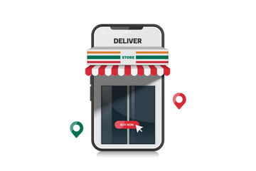 Convenience stores or stores that look like smartphones offer free delivery services to customers for purchasing items through online shopping applications, vector 3d isolated for advertising design
