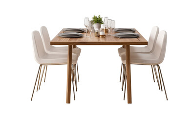  3d rendering of an elegant dining table with six chairs, showcasing the design and texture of solid wood legs and soft fabric seating in neutral tones, set against a white background for easy decorat