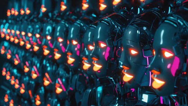 Dark sci-fi wall semi-transparent robotic faces, glowing neon green, purple white, faces flickering darkness emotion electric arcs connecting faces, haunted AI laboratory glitch effects 4K VJ loop