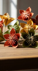 Fototapeta premium Vibrant Handcrafted Paper Flowers in Warm Sunlight on Wood a Beautiful Array of Artistic Origami Craft Decoration