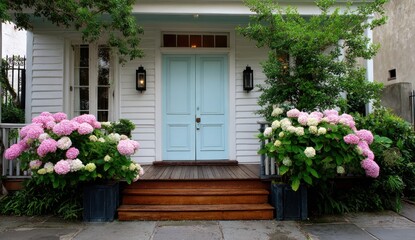 Charming white house with light blue door, wooden steps, and vibrant flower beds