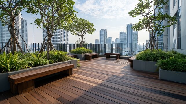 屋上ガーデンとベンチ、都心の緑