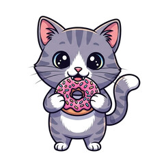 Obraz premium Adorable kawaii cartoon kitten enjoying a sweet pink frosted donut with sprinkles, a charming and cute vector illustration