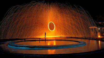 the image features a person standing on a small platform in the center of a reflective pool, surrounded by a shower of fiery sparks