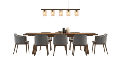 3d rendering of an elegant dining table with six chairs, showcasing the design and texture of solid wood legs and soft fabric seating in neutral tones, set against a white background for easy decorat