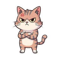 An adorable cartoon illustration of an angry, grumpy striped cat with arms crossed, expressing displeasure with furrowed brows