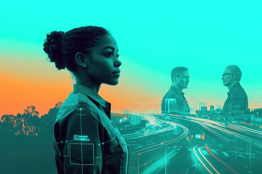 A young woman looks towards a futuristic cityscape, overlaid with two men in profile, symbolizing progress and technological advancement.