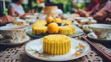 Delicious mooncakes served on family dining table with tea and fruit during Mid-Autumn Festival celebration of culture, tradition, and seasonal harvest joy
