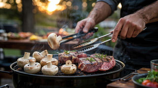 Man grills mushrooms to par with grilled steak