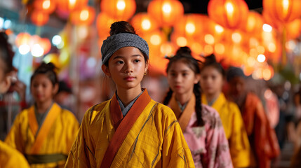 Mid-Autumn Festival young people in traditional robes walking under red lanterns, cultural night parade celebrating Chinese holiday heritage and traditions