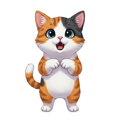 Fototapeta premium Adorable cartoon calico cat character standing on its hind legs with a happy and excited expression. Cute tricolor kitten illustration isolated on a white background