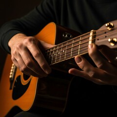 Fototapeta premium man playing guitar, Musician plays acoustic guitar, close-up on strings and fretboard. Natural light enhances warm tones. Fingers strumming create melody and harmony. Focus on passion and skill in liv