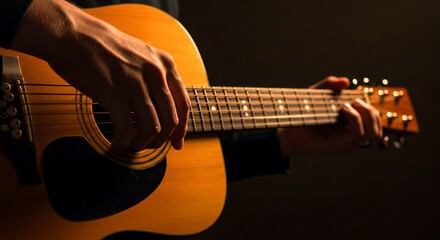 Naklejka premium acoustic guitar close up, Musician plays acoustic guitar, close-up on strings and fretboard. Natural light enhances warm tones. Fingers strumming create melody and harmony. Focus on passion and skill 